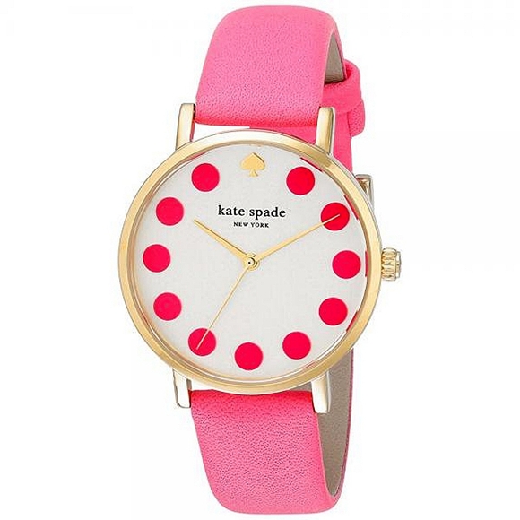 Kate Spade New York Bazooka Pink Polkadot Dot Metro Leather Watch Gold Case NWOT